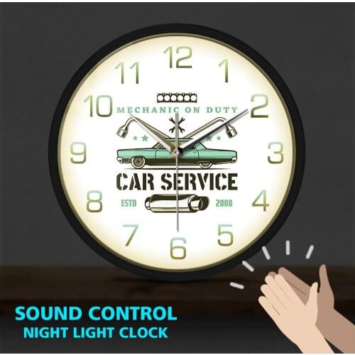 Mechanic On Duty Car Service Garage Metal Frame LED Wall Clock Sound Control Vintage Car Repair Shop Advertising Auto Sign Watch