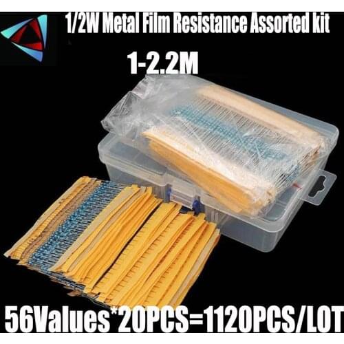1120Pcs 1/2W 0.5Watt 1% 1-2.2M Ohm 56Values Metal Film Resistor 0.5W Resistance Assorted Kit Set