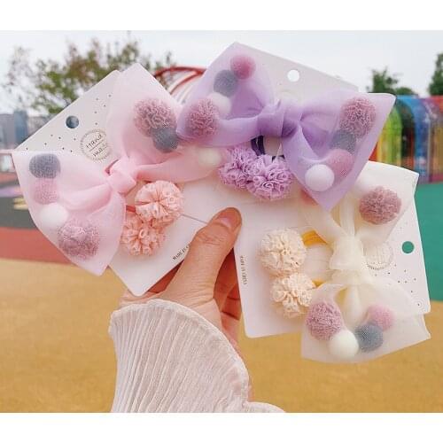 2 Pieces/set of Cute Elastic Pompom Headband Girl Hairpin Bowknot Lace Princess Childrens Headdress Childrens Hair Accessories