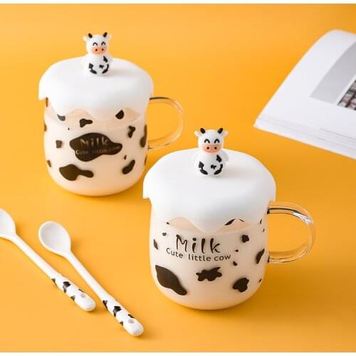 Cartoon Milk Cow Glass Mug Clear Coffee Cup With Lid Ceramic Spoon Cute Home Office Tea Juice Milk Clear Water Cup Birthday Gift