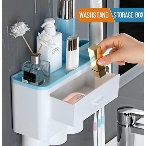 Wall Mount Magnetic Adsorption Inverted Toothbrush Holder Toothpaste Dispenser Makeup Storage Rack For Bathroom Accessories Set