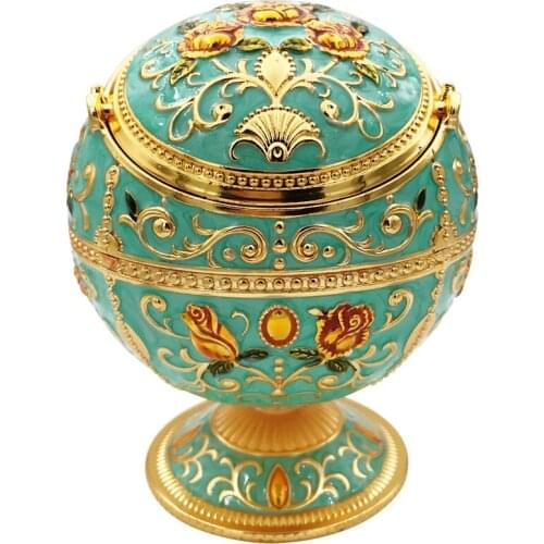 NEW Windproof Ash Tray Vintage Zinc Alloy Flower Pattern Globe Cigarette Ashtray Lid Tabletop Portable Home Decor Ashtrays