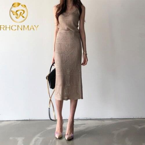 Summer Sexy Elastic Knitted 2 Piece Set Women Sleeveless Tops Spaghetti Strap + High Waist Long Skirt Suit Slim Elegant Casual