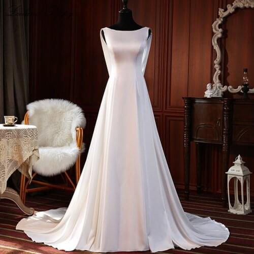 Lceland Poppy Real Photos A-line Satin Wedding Dresses 2020 Sleeveless Scoop Neck Floor Length Bridal Gowns Vestido de Noiva