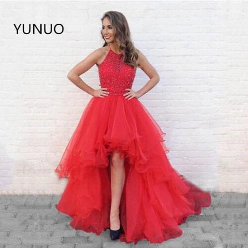 Floor-Length Prom Dresses 2021 High Quality Halter Sleeveless Short Front Long Back Tiered Backless Ball Gown Formal Party Dress