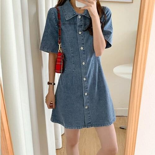 Short Sleeve Denim Dress Womens Gentle Temperament Spring Summer Vestidos Design Sense European American Fashion Dress Trend
