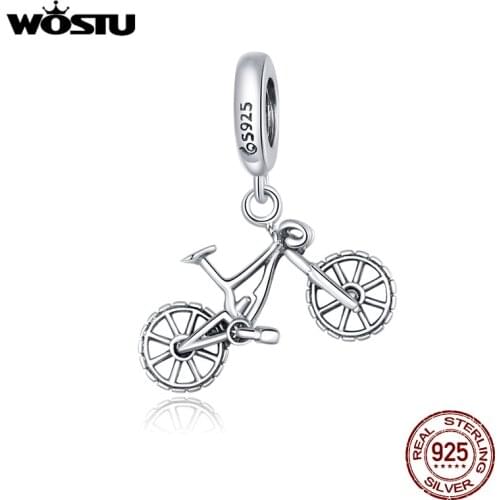 WOSTU 925 Sterling Silver Heart Bead Bicycle Charm Fit Original Bracelet DIY Necklace Pendant Cool Style Jewelry CTC384