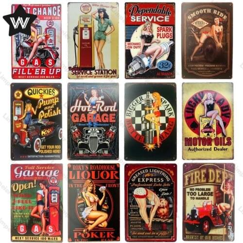 Sexy Lady Metal Sign Pin Up Girl Wall Sticker Vintage Wall Art Tin Plate Petrol Station Service Metal Sign Man Cave Metal Decor