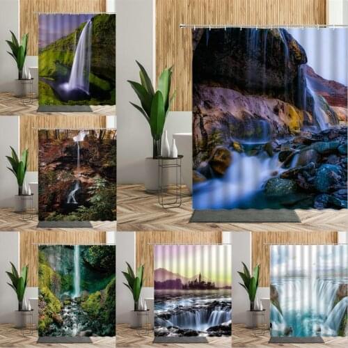 Waterfall Scenery Shower Curtain Forest Trees Natural Landscape Bathroom Bath Decor Waterproof Backdrop Fabric Home Curtains Set