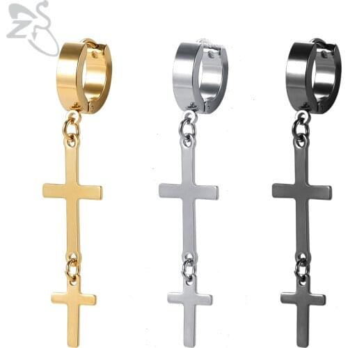 ZS 1 Pair Punk Double Cross Drop Earrings for Men Women Stainless Steel Hanging Earring Boys' Dangle Ear Piecing Gothic Jewelry