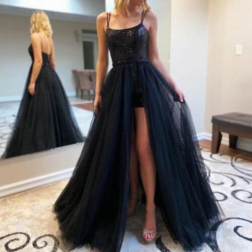 Sexy Long Black Sequined Evening Dresses with Slit A-Line Floor Length Criss Cross Back Tulle Formal Party Dress for Women