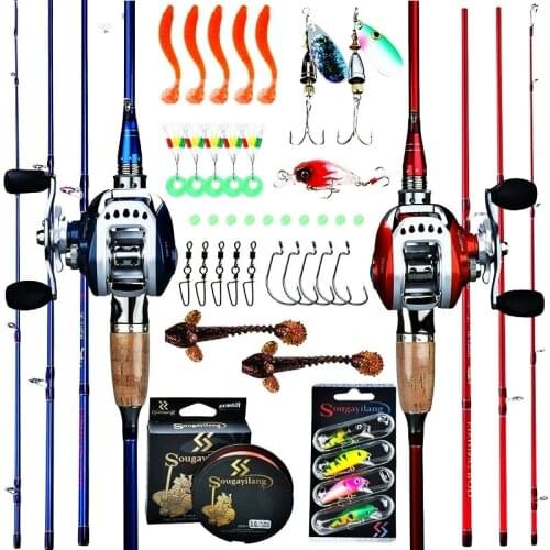 Sougayilang 2.1-2.4M Fishing Rod Combos 4 Sections Casting Rod and 10+1BB Baitcasting Reels Bass Trout Salmon Fishing Tackle Set