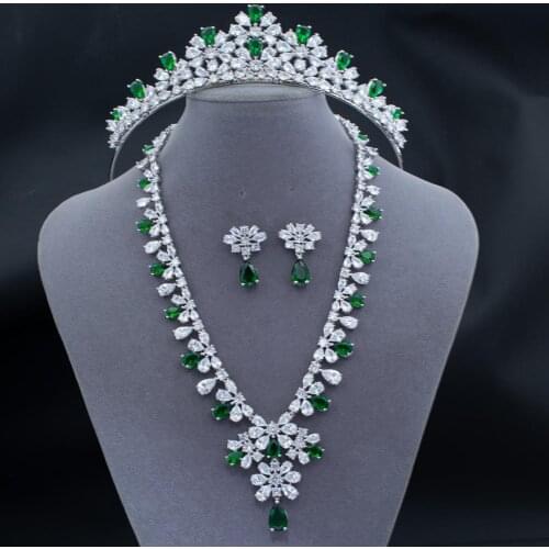 Green 5A Cubic Zirconia Bridal Wedding Tiara and Necklace Earring Set Jewelry Sets for Women Accessories