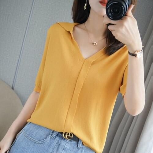 Cotton and linen short-sleeved womens loose summer Polo collar half-sleeved knitted bottoming shirt in the sleeves pure cotton