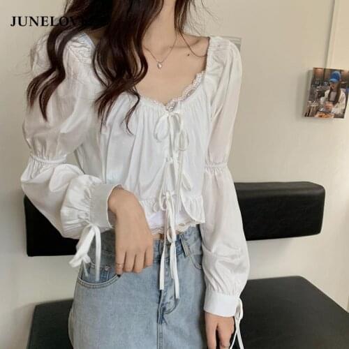 Women Bow V-neck Puff Sleeve Drawstring Short Top Korean Style Sweet Girls Leisure Chic Design Thin Fashion Loose Femme Shirts