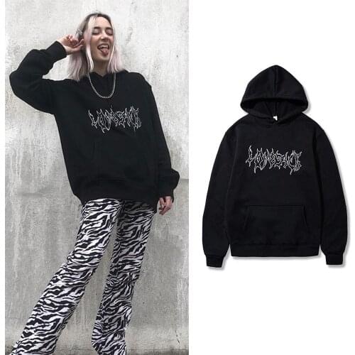 Punk Gothic Letter Print Hip-Hop Hooded Sweatshirt Vintage Kpop Loose Casual Women Y2K Streetwear Harajuku Pullover Sweatshirt