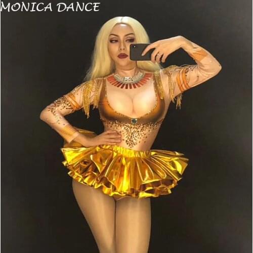 Women Sexy Gold Rhinestones Tassel Bodysuit Stage Dance Wear Leotard Costume Singer Performance Stretch Dance Outfit Bodysuit