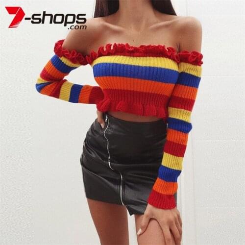 AECU Rainbow Women Sweaters Off Shoulder Crop Top Lady Sweater Sexy Pullover Female Kazak Jumper Spring Pull Femme Streetwear
