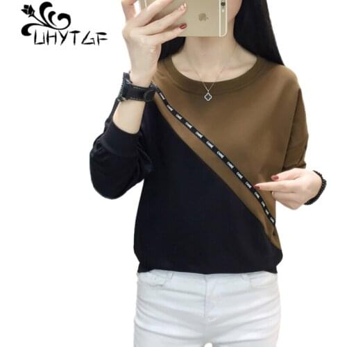 UHYTGF T-Shirt Women Fashion Stitching Cotton Comfort Autumn Winter Top Female Sweatshirt Pullover Casual Bottoming Clothing1492