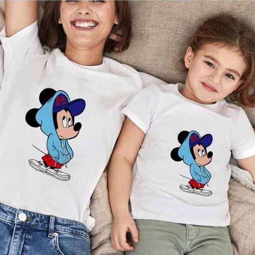 Disney Mother Daughter T-shirts Summer Family Matching Outfits Mom Baby Mommy and Me Tee-shirt Clothes Woman Girls White Tops