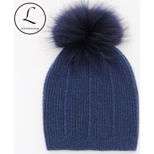 GZHILOVINGL Autumn Beanie Cap Small Braids Striped Winter Hats Men Crochet Hat With Black Raccoon Fur Pompom Top Quality 16523G2