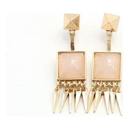Hot 4 Colors Square Natural Stone Rivet Charms Tassel Earrings Gold Color Brincos Pendientes Jewelry for Women