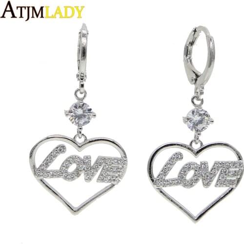 Fashion trendy Valentines gift for lover girlfriend jewelry white cz Gold silver color lovely heart drop dangle earring