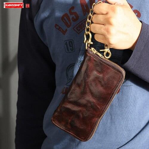 Genuine Leather Purse Mens Long Wallet Copper Chain Pants Men Zipper Wallet Vintage Folded Clutch Bag Original Handmade Soft