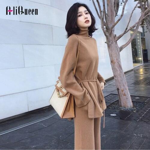 2019 autumn winter knitted suit 2 piece set khaki turtleneck sweater knitted pants suit pullover sets women two piece outfits