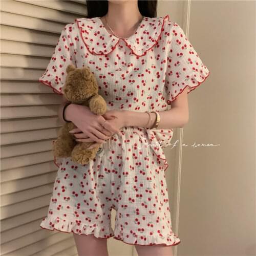 QWEEK Cotton Sleepwear Korean Pajamas for Women Summer 2021 Pijamas Cherry Print Pyjamas 2 Piece Set Nightwear Kawaii Loungewear