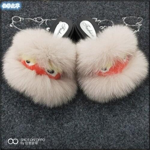 Nastural Fox fur little monster slope and thick female wear fashion soft flat big size four seasons slippers