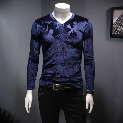 Flower Print Tops Slim Fit Nightclub Hip Hop Leisure Shirts Streetwear Male2020 Summer New Men V-neck T Shirt Long Sleeve