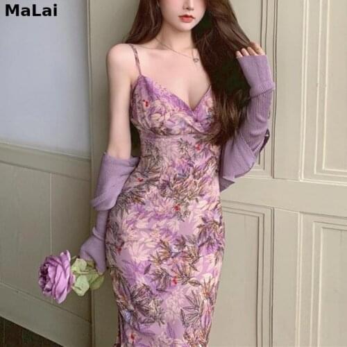 Summer Vintage Strap Dress Female Slim Sweet Party Club Beach Dress 2021 Women Elegant Floral Y2k V-Neck Casual Sexy Midi Dress