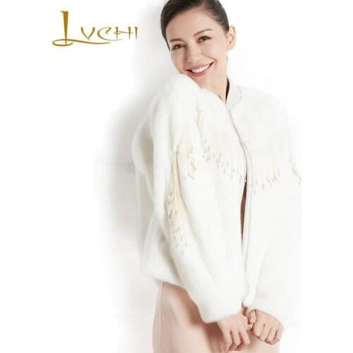 LVCHI 2019 Winter Tassel Pearls Beading O-Neck Import Mink Coat women jacket Pure Color Zippers Short Full Sleeve Mink Fur Coats