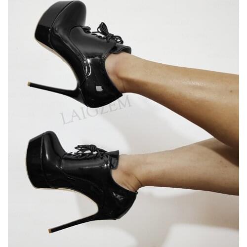 SEIIHEM SUPER Women Ankle Platform Boots Shiny Lace Up Booties High Heels Bottines Female Party Shoes Woman Large Size 44 50 52