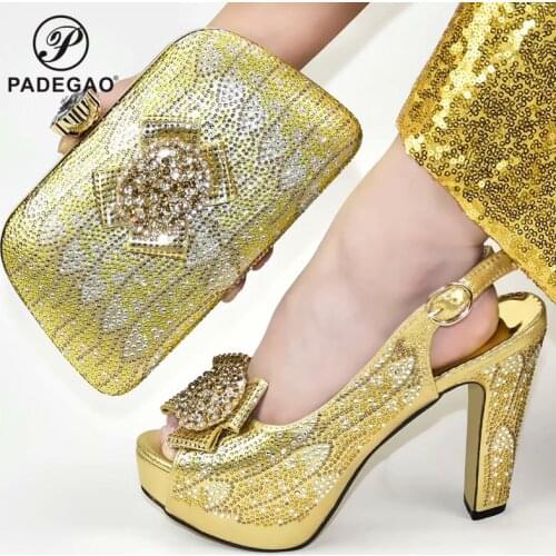 Gold Color 2020 Summer Newest Italian Design Italian Women Shoes Matching Bag Decorate with Rhinestone Nigerian Lady Shoes