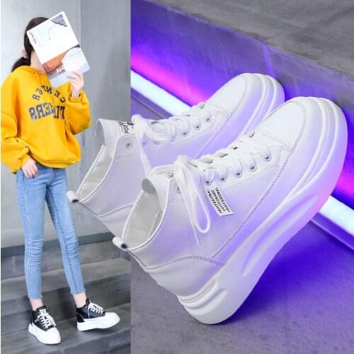 Leather White Shoes Women High Top Sneakers Platform 2021 Spring Black Causal Shoes Female Waterproof Sneakers for Women