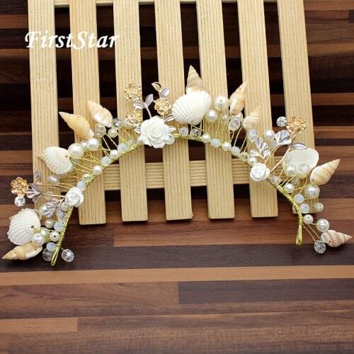 Handmade Flower Beads Headpieces Charm Boho Wedding Hair Accessories Bridal Shell Crown Pearl Tiaras Headband For Bride Summer