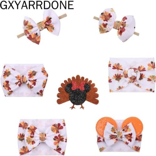 10pcs 2019 Thanksgiving Turkey Sequin Bow Print Waffle Wide Stretch Headband Women Girl Festival Hair Band DIY Hair Accessories