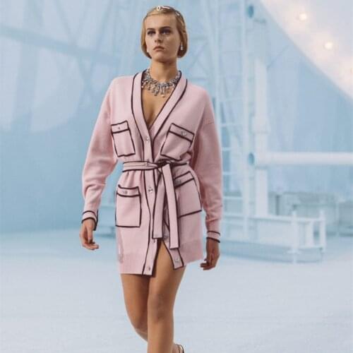 Runway Women Pink Oversized Cardigan 2021 Luxury Spring V neck Slash Knitted Sweater Wrap Long Cardigan Female Overcoat