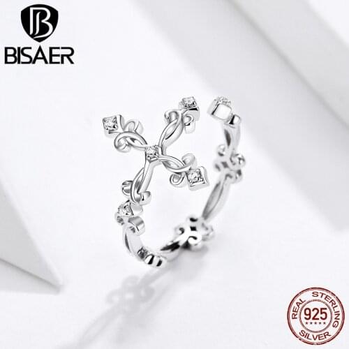 BISAER Cross Ring 925 Sterling Silver Vintage Cross Faith Finger Rings for Women Fashion Jewelry Making Anel EFR041
