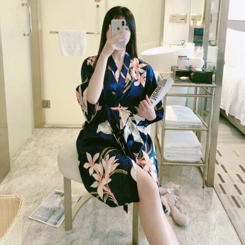 2021 Summer Short Sleeve Silk Satin Kimono Robes for Women Floral Print Sexy Mini Dress Bathrobe Sleepwear Night Gown Home Dress