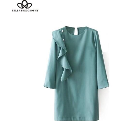 Bella Philosophy 2018 spring diamonds natural women dress straight blue ruffles female vestito three quarter casual mini dresss