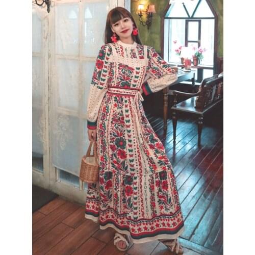 Summer New Womens Dress Bohemian Travel Holiday Beach Wind Print Dress Korean Ins Vintage Round Collar Long Sleeve Long Dress
