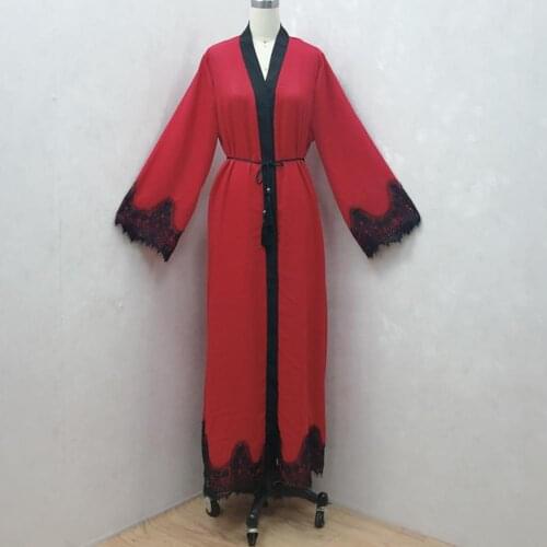 Women Dress Open Front Long Sleeve Lace Patchwork Belt Skin-friendly Maxi Robe Cardigan платье летнее женское 2021