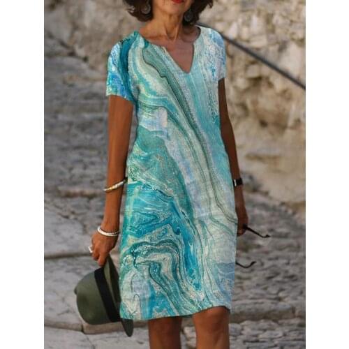 2021 Elegent Print Women Dress V Neck Knee Length Dress Short Sleeve Bohemian Summer Vintage Dress Vestidos Mujer 3XL