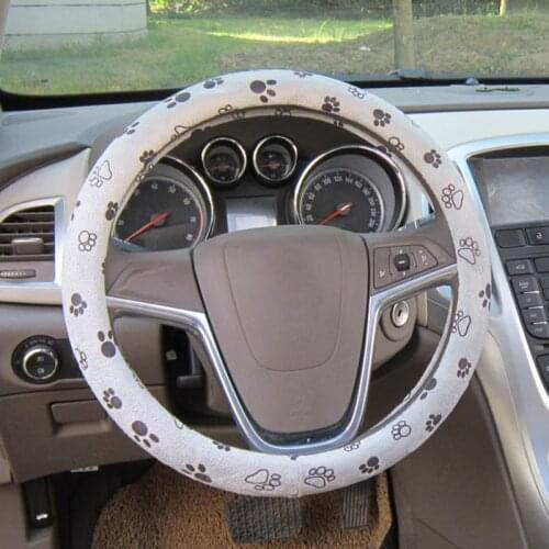 1pc 38CM 15inches Gray Soft Comfy Cute Paw Printed Automotive Car Steering Wheel Cover Fashion Lovely Accessory