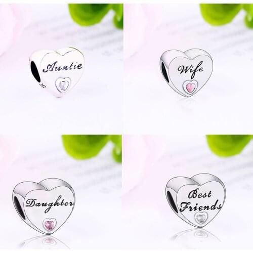 100% 925 Silver Grand Daughter Auntie Wife Heart Zircon Bead Fit Original Brand Charm Bracelet For Making Family Berloque