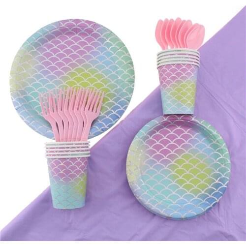 51Pc/Set Mermaid Theme Disposable Tableware Birthday Decoration Baby Shower Plates Napkins Forks Spoons Tablecloth Party Supplie