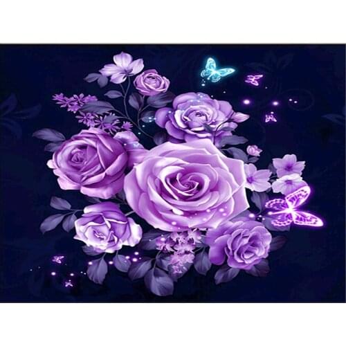 5D Diamond Embroidery DIY Round Diamond Mosaic Purple Rose Flower Butterflies Picture Diamond Painting Cross Stitch Home Decals